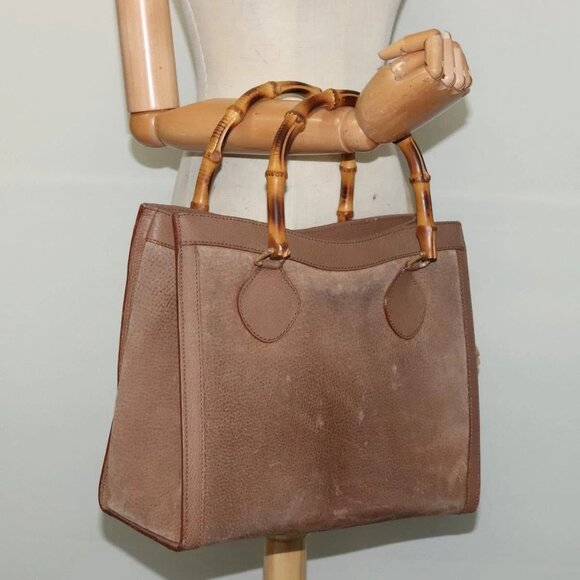 GUCCI Bamboo Hand Bag Suede Beige Gold - Picture 1 of 15